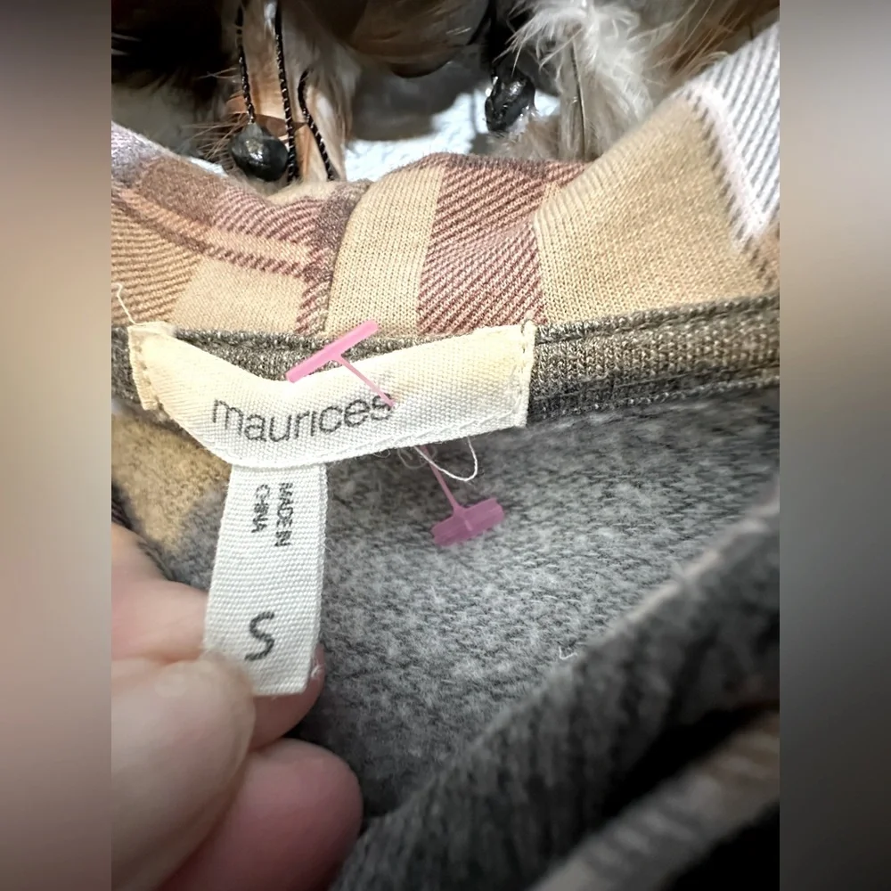 Maurices Fleece Hoodie with Plaid Hood Graphic Long Sleeve Sweatshirt Size M - Picture 10 of 16